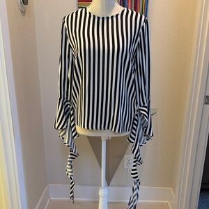 Black & White Stripe Long-Sleeve Tie Detail Top